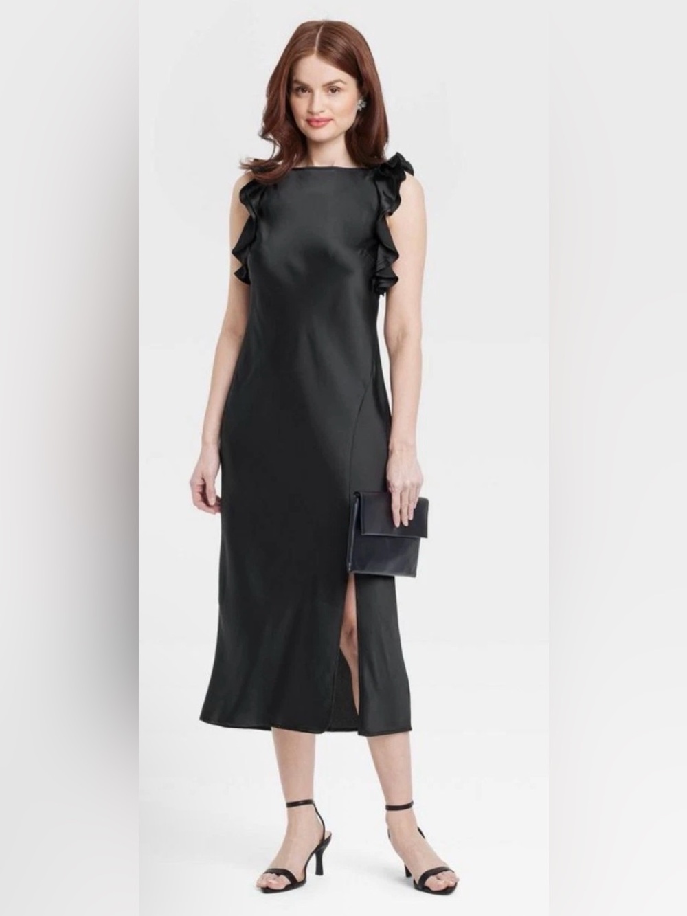 Elegant Black Ruffle-Sleeve Midi Dress